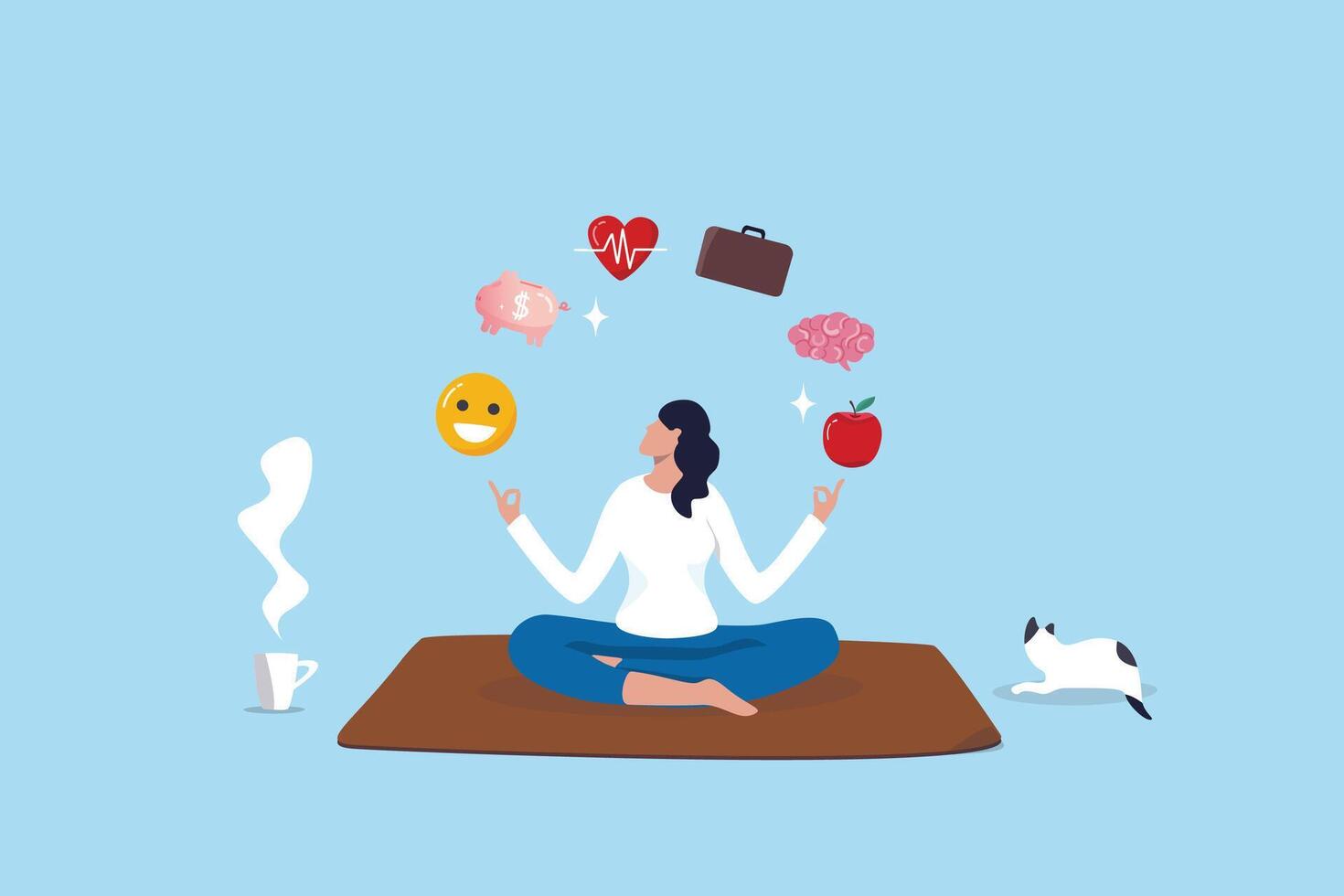 Wellness, lifestyle wellbeing, relaxation to balance happiness, mindfulness mental health, vitality or zen-like health nutrition, meditation concept, calmness woman meditate health wellness elements. vector