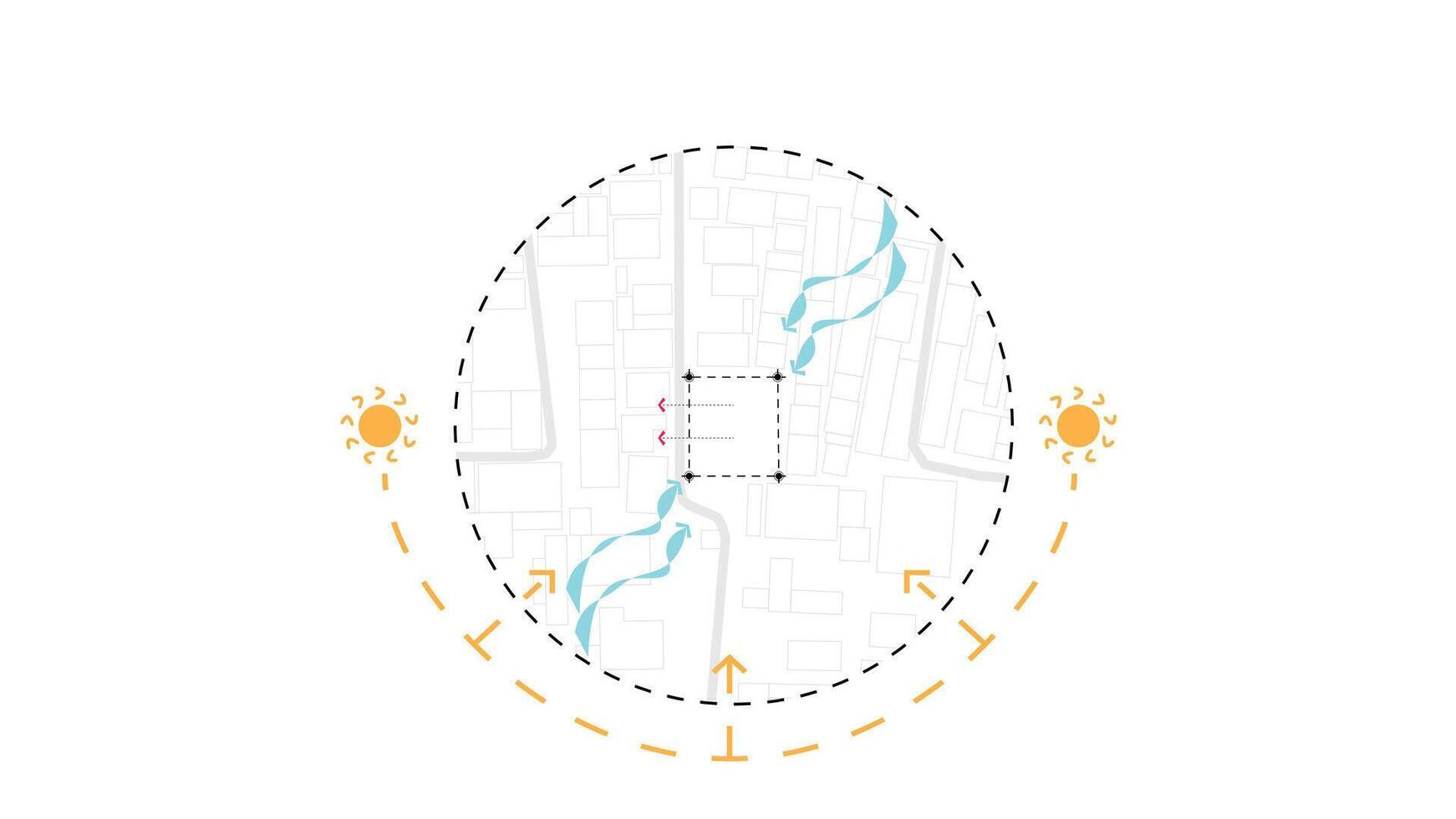 the architecture site analysis symbol icon element drawing graphic flat isolated . architecture element line sun wind sound sun path vegetation. vector