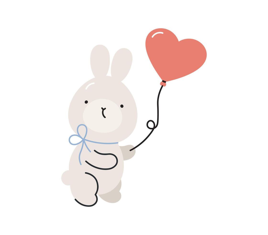 Cute rabbit with heart shaped balloon. Isolated on white background. Valentine's day design. For card, posters, stickers, banners, printing on the pack, printing on clothes, fabric, wallpaper. vector