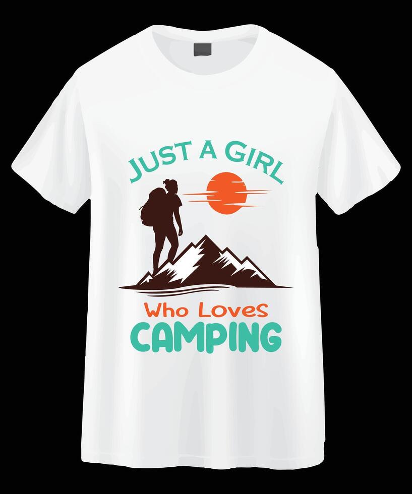White T-shirt with graphic design of a girl hiking in mountains, perfect for camping lovers. vector