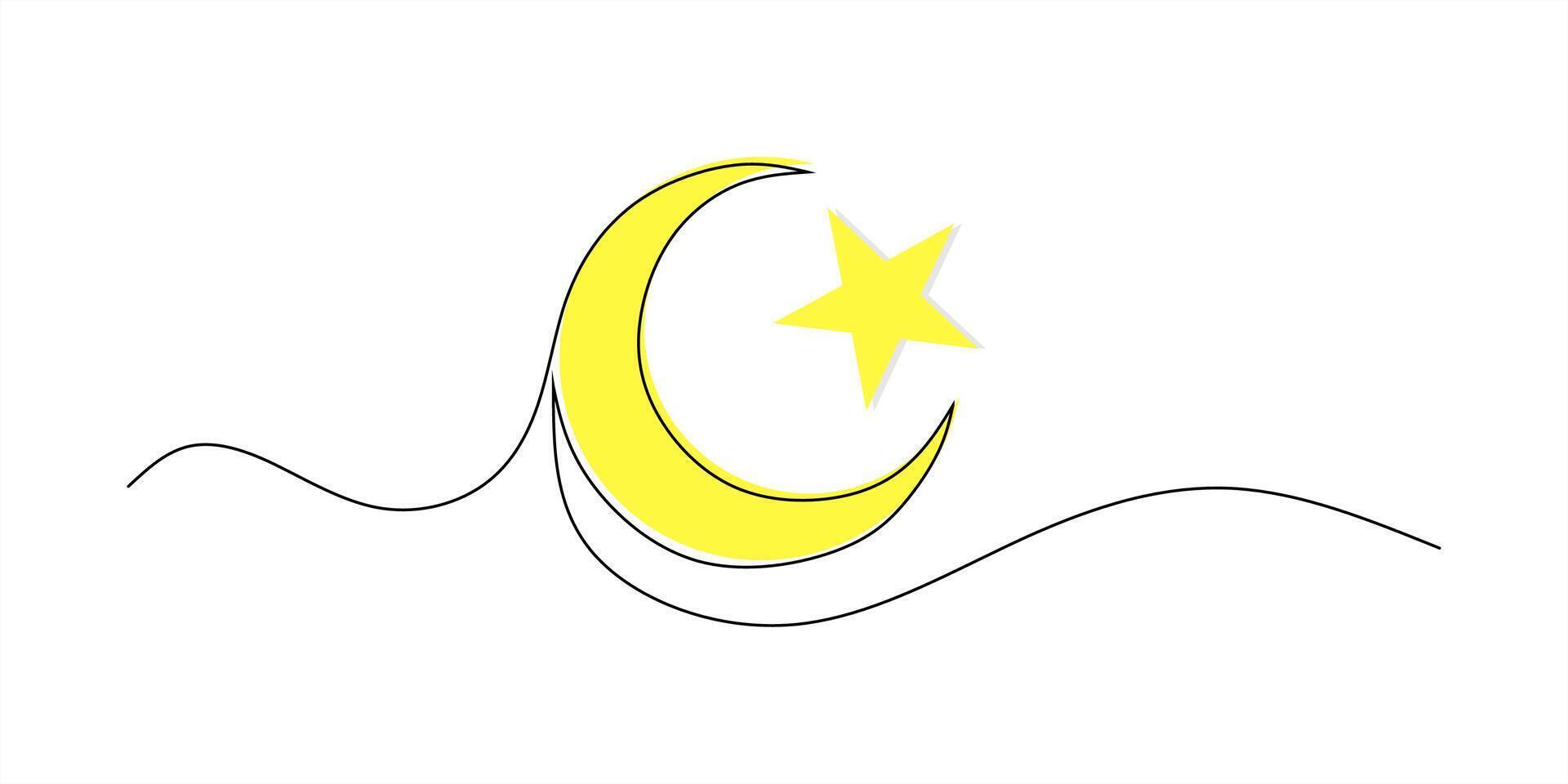 One continuous line drawing of crescent and star. Ramadan Kareem banner in simple linear style. Doodle contour. Eid mubarak design vector