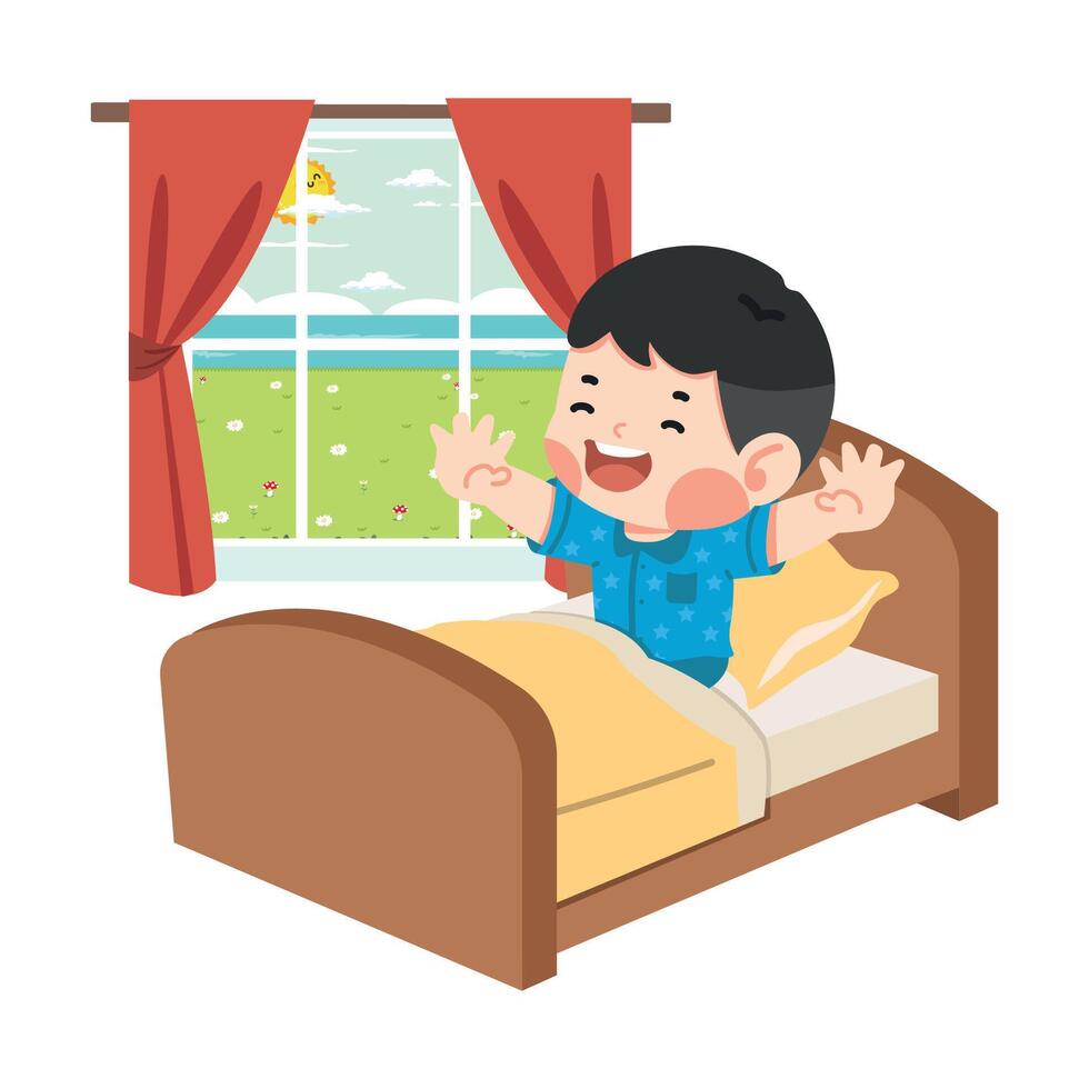 Kid waking up in the morning on the bed vector