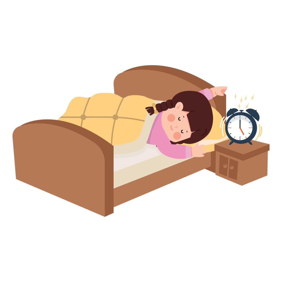 Kid sleeping on a pillow with a blanket and an alarm clock vector