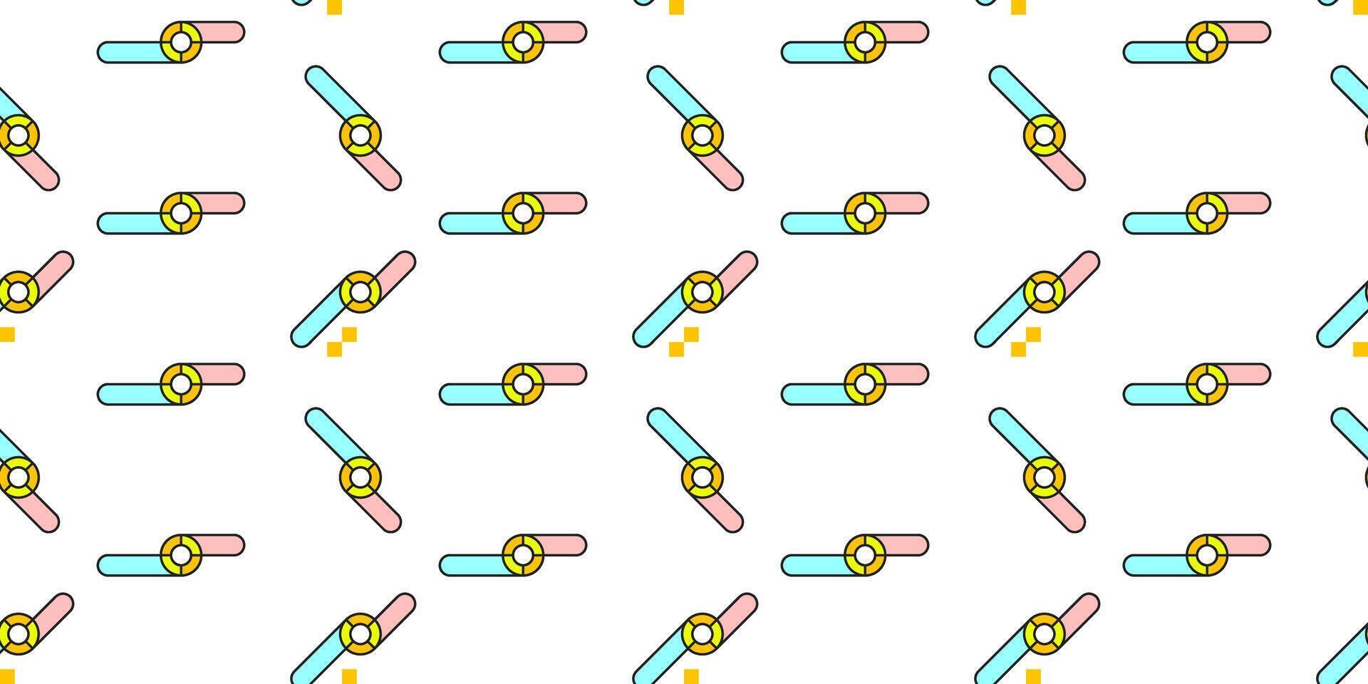 Seamless pattern with colorful wristwatches in pastel colors on a white background. The design features blue and pink watch bands with yellow watch faces, creating a playful and modern look vector