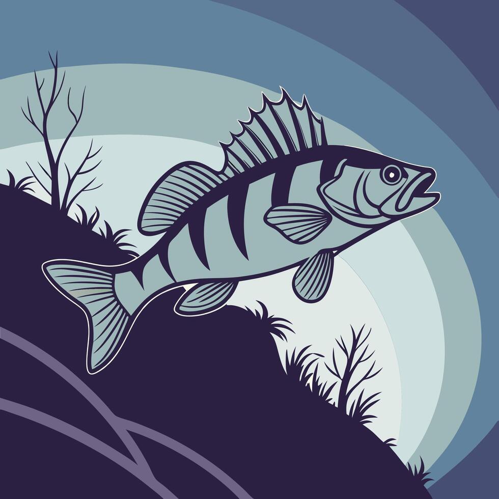 A Yellow Perch fish silhouette jumping out of the water on a hill vector
