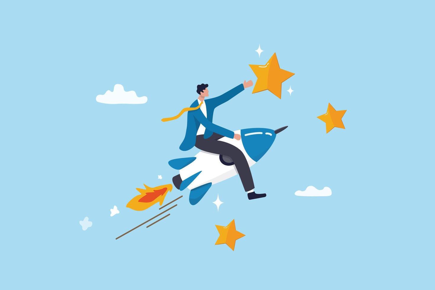 Success achievement, boost growth development to reach target, leadership to win business challenge, startup, entrepreneur or ambition to win, businessman riding fast rocket to reach success star. vector
