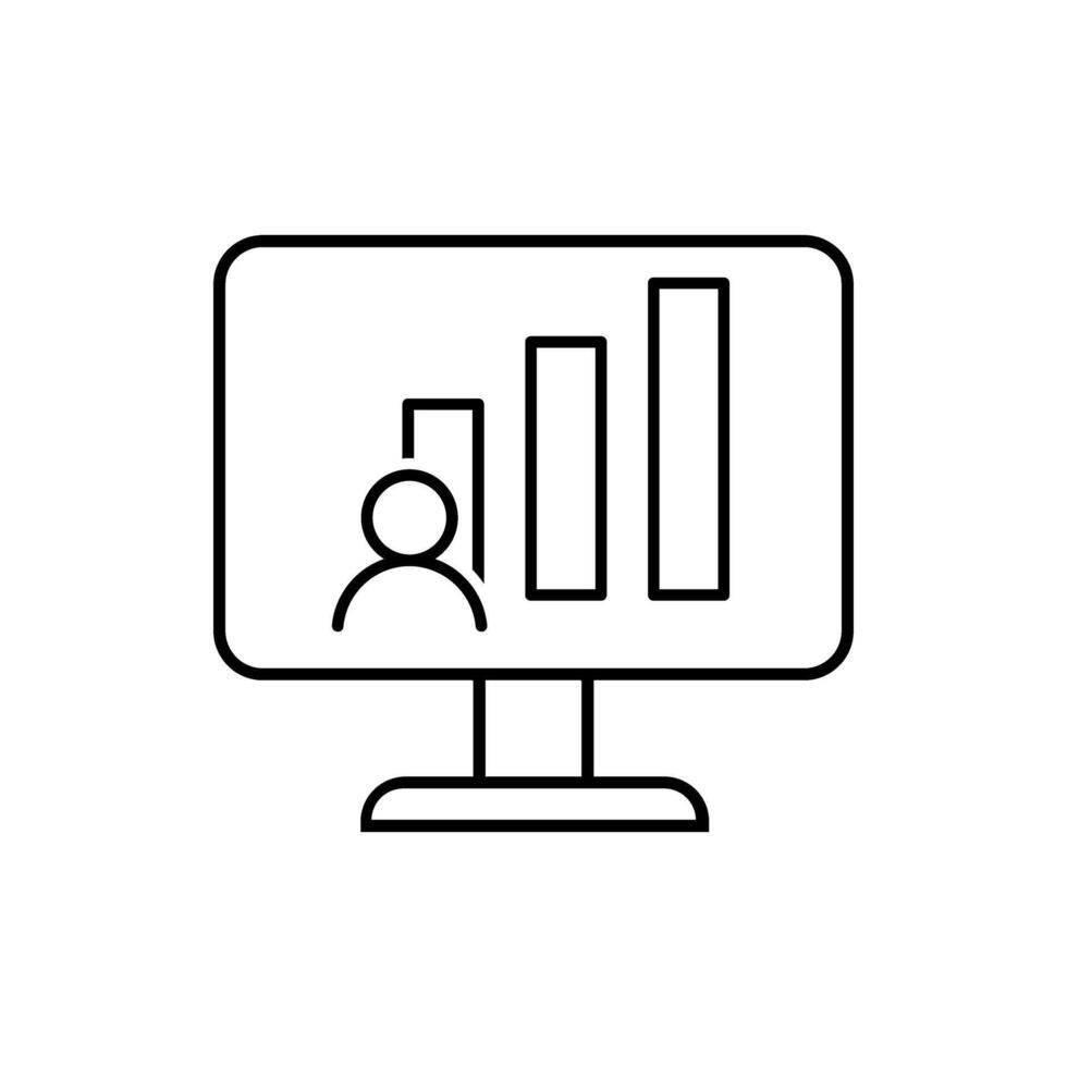 Computer with statistics bars icon over white background, line style, illustration vector