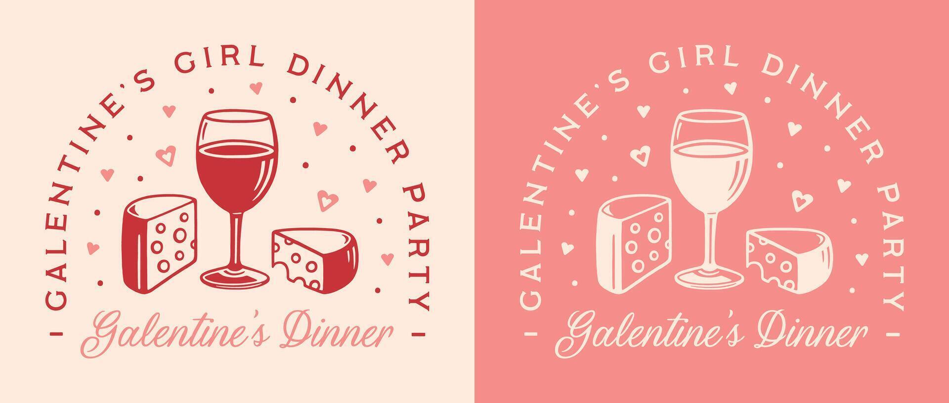 Galentines girl dinner party besties girls night wine and cheese theme Parisian French food printable invitation card preppy coquette girly pink red retro aesthetic sticker shirt design poster print vector