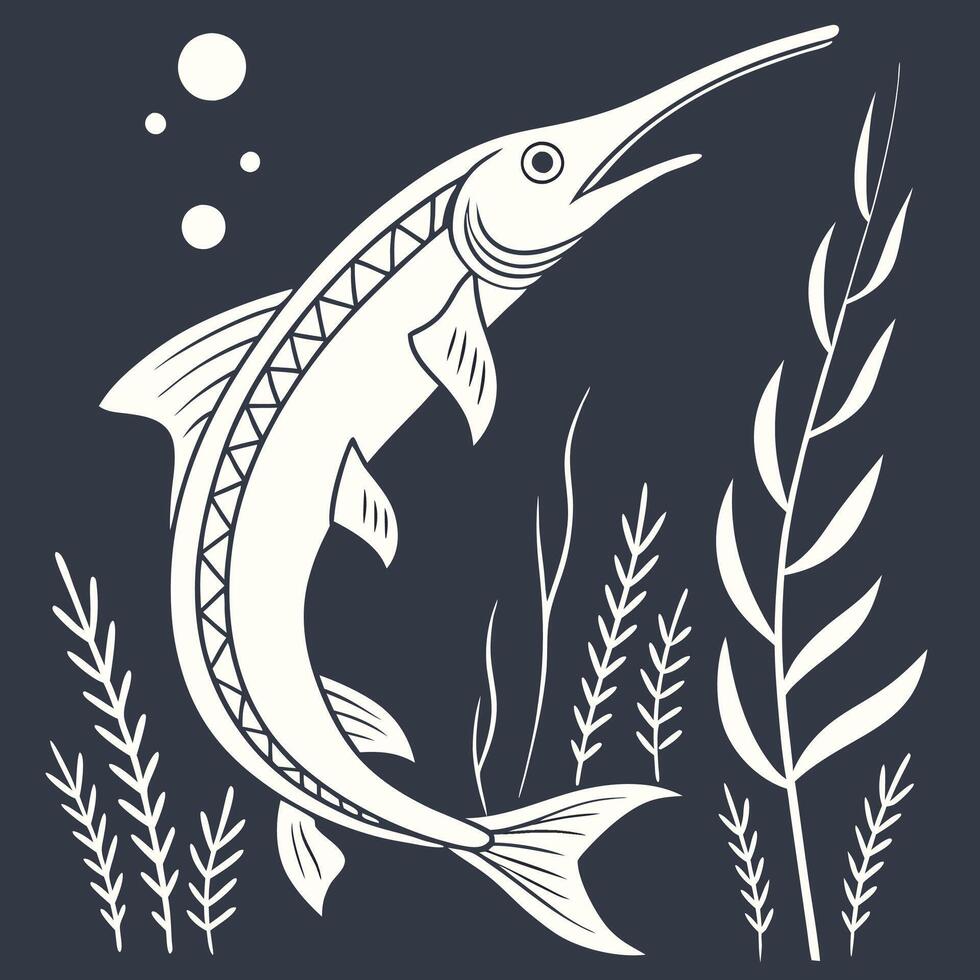 A Paddlefish fish swimming in the ocean with plants and algae vector
