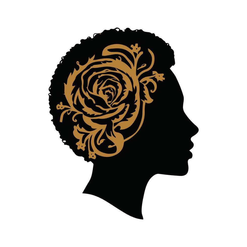 Elegant Black Woman Silhouette with Ornate Rose Design vector