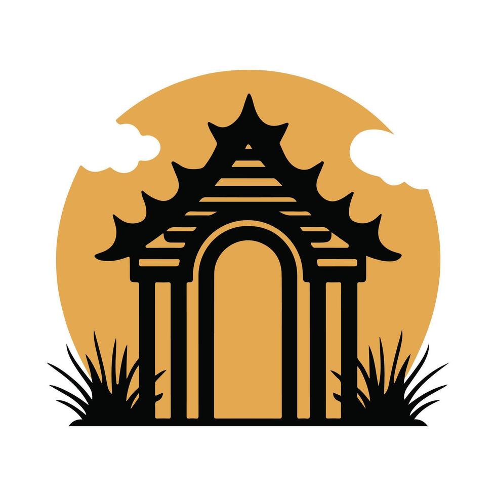 Elegant Asian Pagoda-Style Pavilion Silhouette at Sunset vector