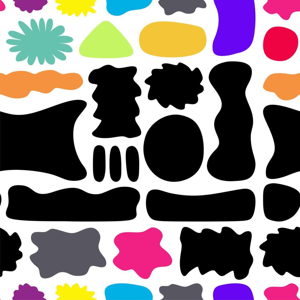 Abstract seamless pattern with colorful freehand doodles. Organic flat cartoon background, simple random shapes in bright childish colors and black on white background. Splashes and blots. vector