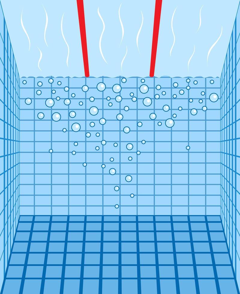 Swimming pool under water with bubbles. Realistic poolside background with sunny underwater pattern, texture or template vector