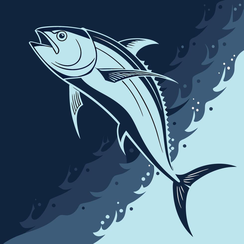 a tuna fish jumping out of the water on a blue background vector