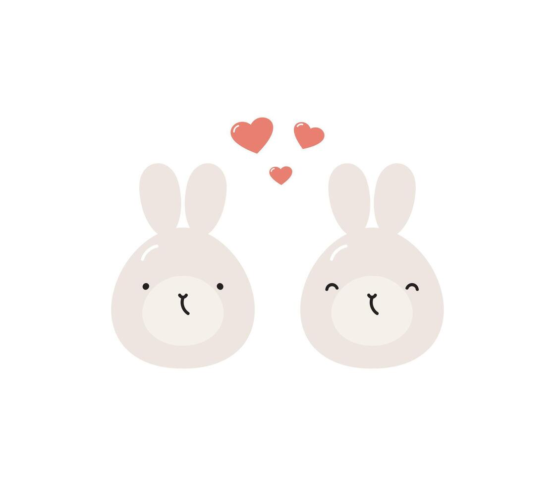 Cute rabbits with hearts. Isolated on white background. Valentine's day design. For card, posters, stickers, banners, printing on the pack, printing on clothes, fabric, wallpaper. vector