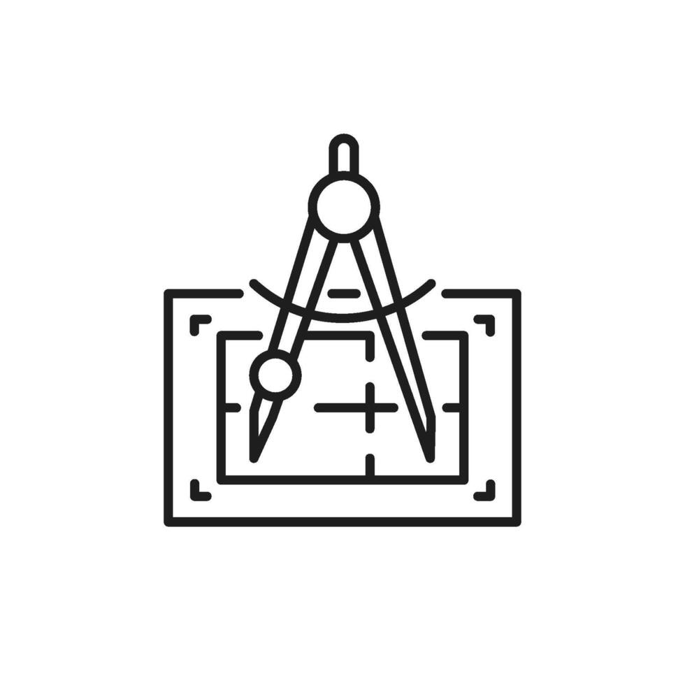 The illustration features an outline icon that depicts a compass placed over a blueprint, effectively symbolizing the concepts of renovation and construction design within the industry vector