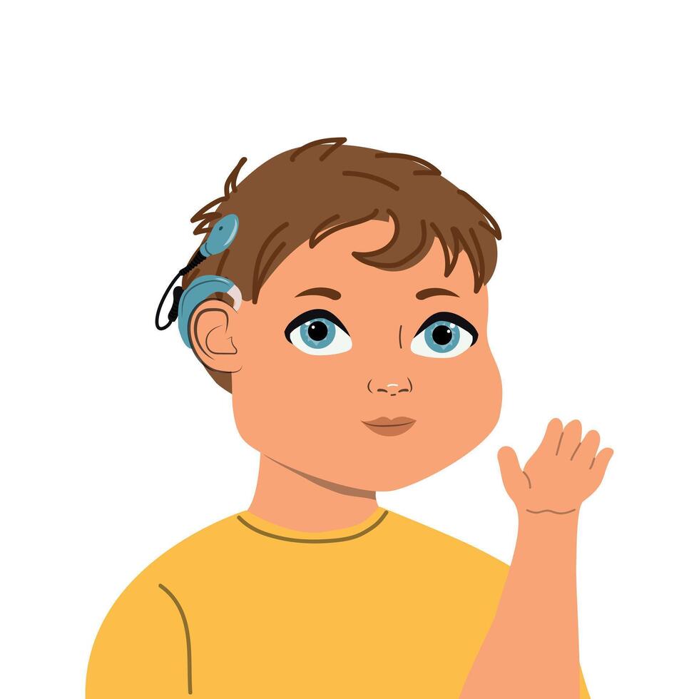Child boy with cochlear implant in cartoon style vector