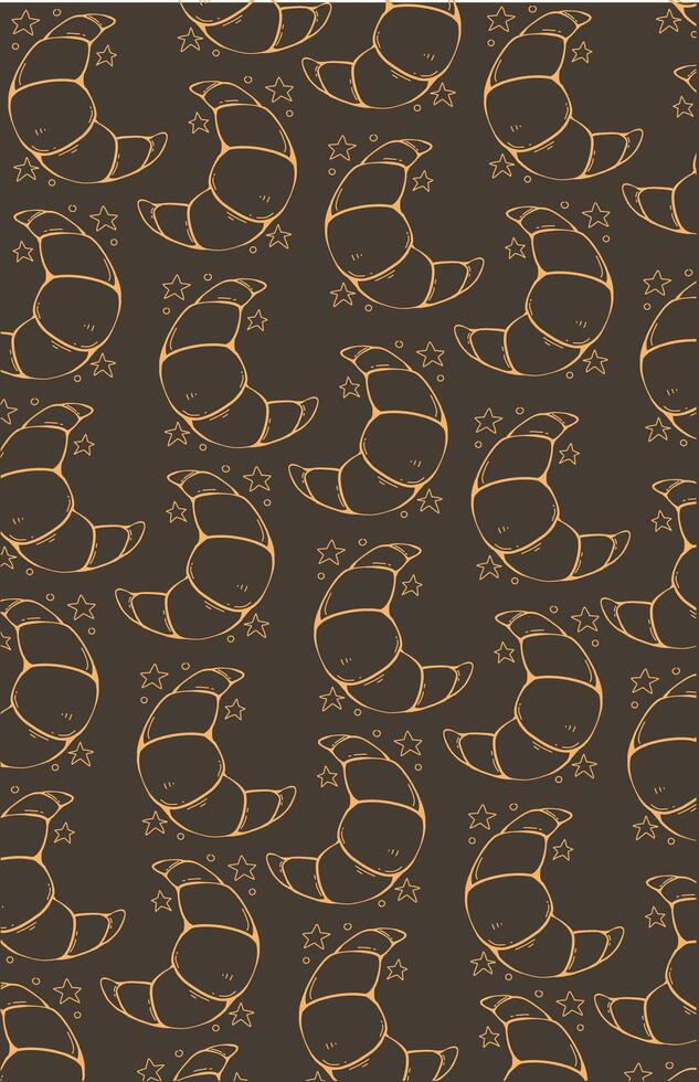 Cute line art croissant and star black background. Cookies doodle vector