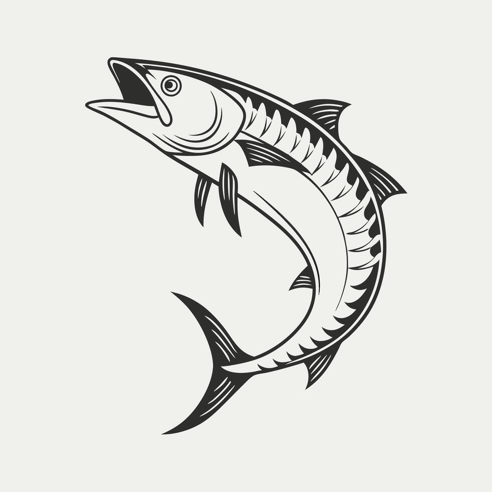A King Mackerel fish is shown in a black and white drawing vector