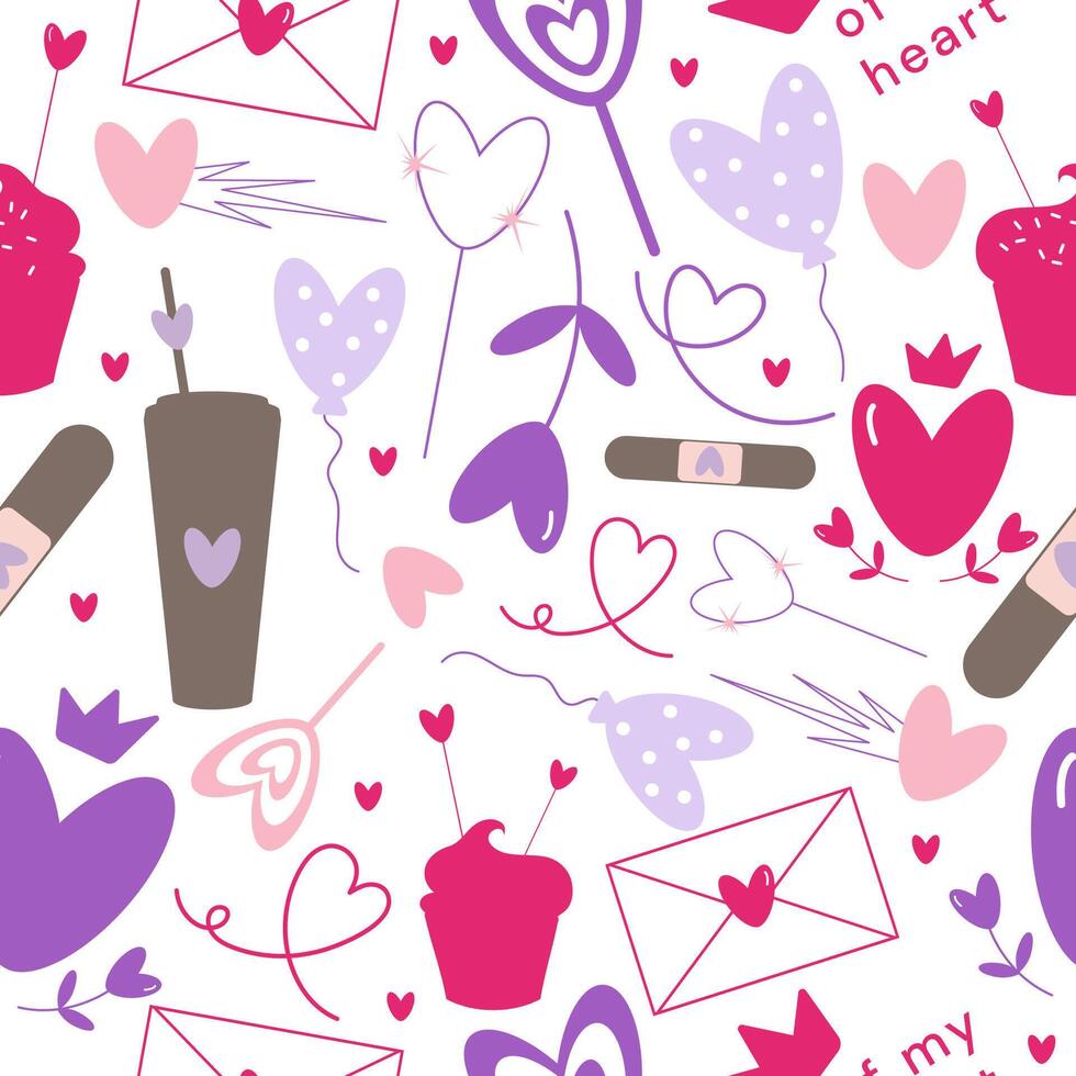 Doodle Valentines day, love season pastel seamless pattern with heart shape elements, eco coffee or tea cup, balloon, sparkler, asteroid, cupcake or muffin, patch, lollypop, crown, letter. vector
