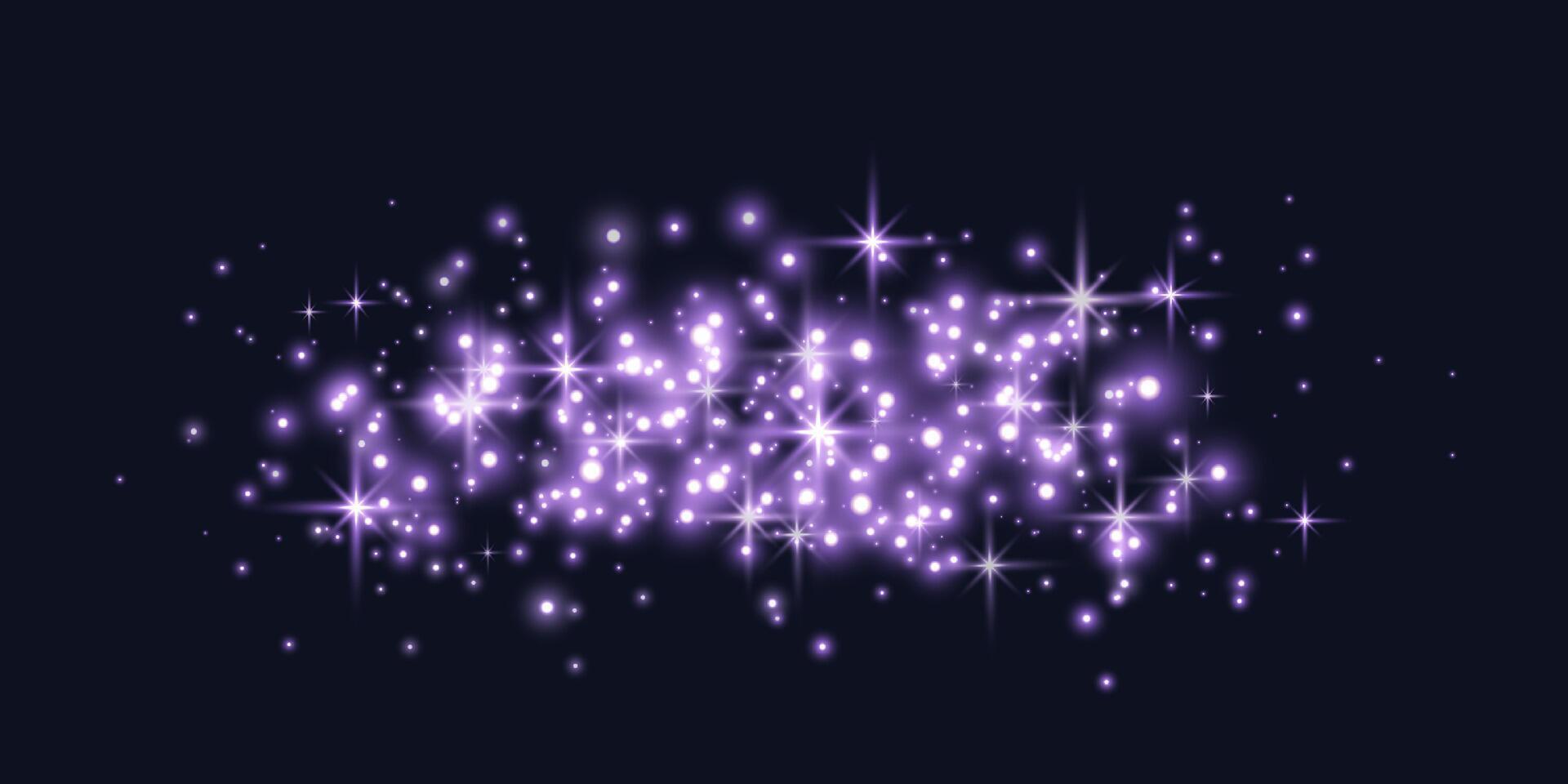 Purple glittering dots, particles, stars magic sparks. Glow flare light effect. Violet luminous points particles on black background. vector
