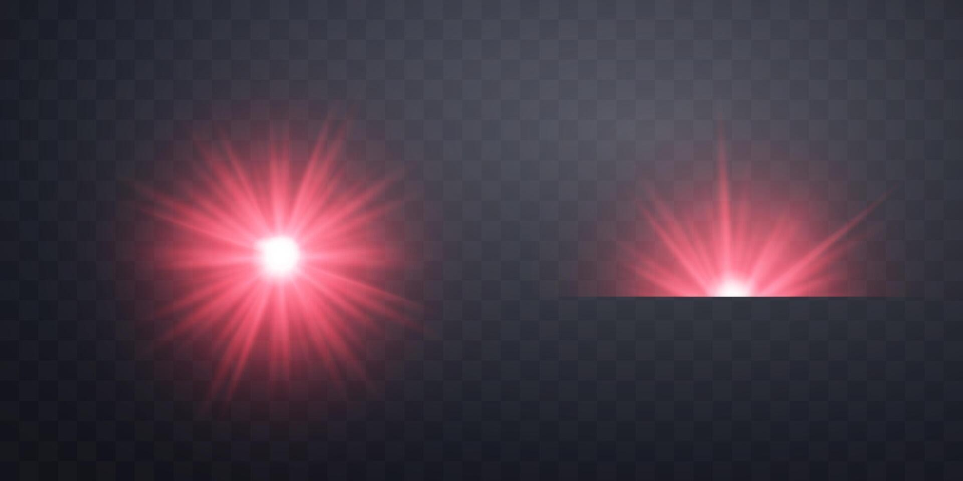 Red horizontal lensflare. Light flash with rays or spotlight and bokeh. Red glow flare light effect illustration. vector