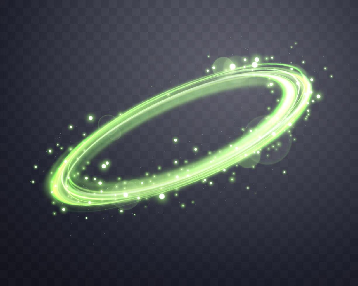 Glowing green magic rings. Dynamic orbital flare halo ring. Neon realistic energy swoosh swirl light effect vector