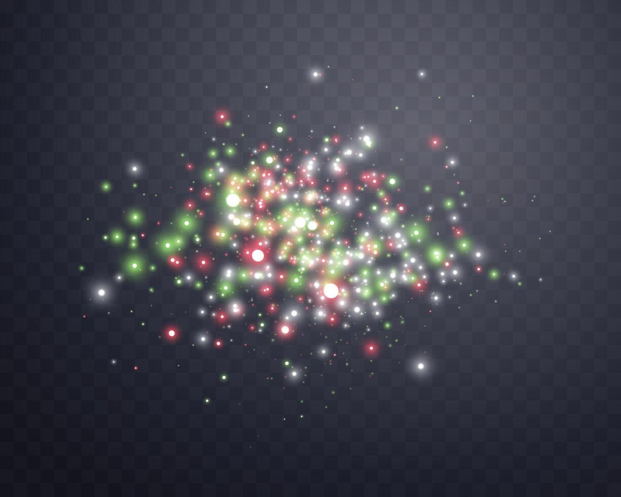 Silver, green and red magic sparks and dust stars. Glittering dots, particles, sparkles. Glow flare light effect. Silver and green luminous points particles vector