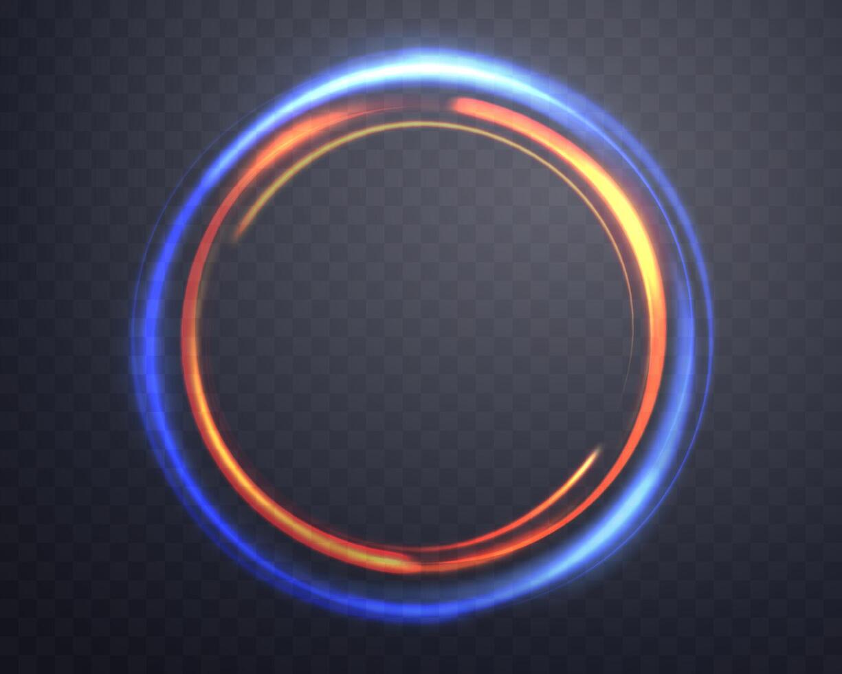 Blue and orange magic ring with glowing. Neon realistic energy flare ring. Abstract light effect vector