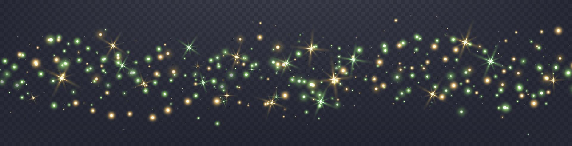 Gold and green glittering dots, particles, stars magic sparks. Glow flare light effect. Gold luminous particles vector