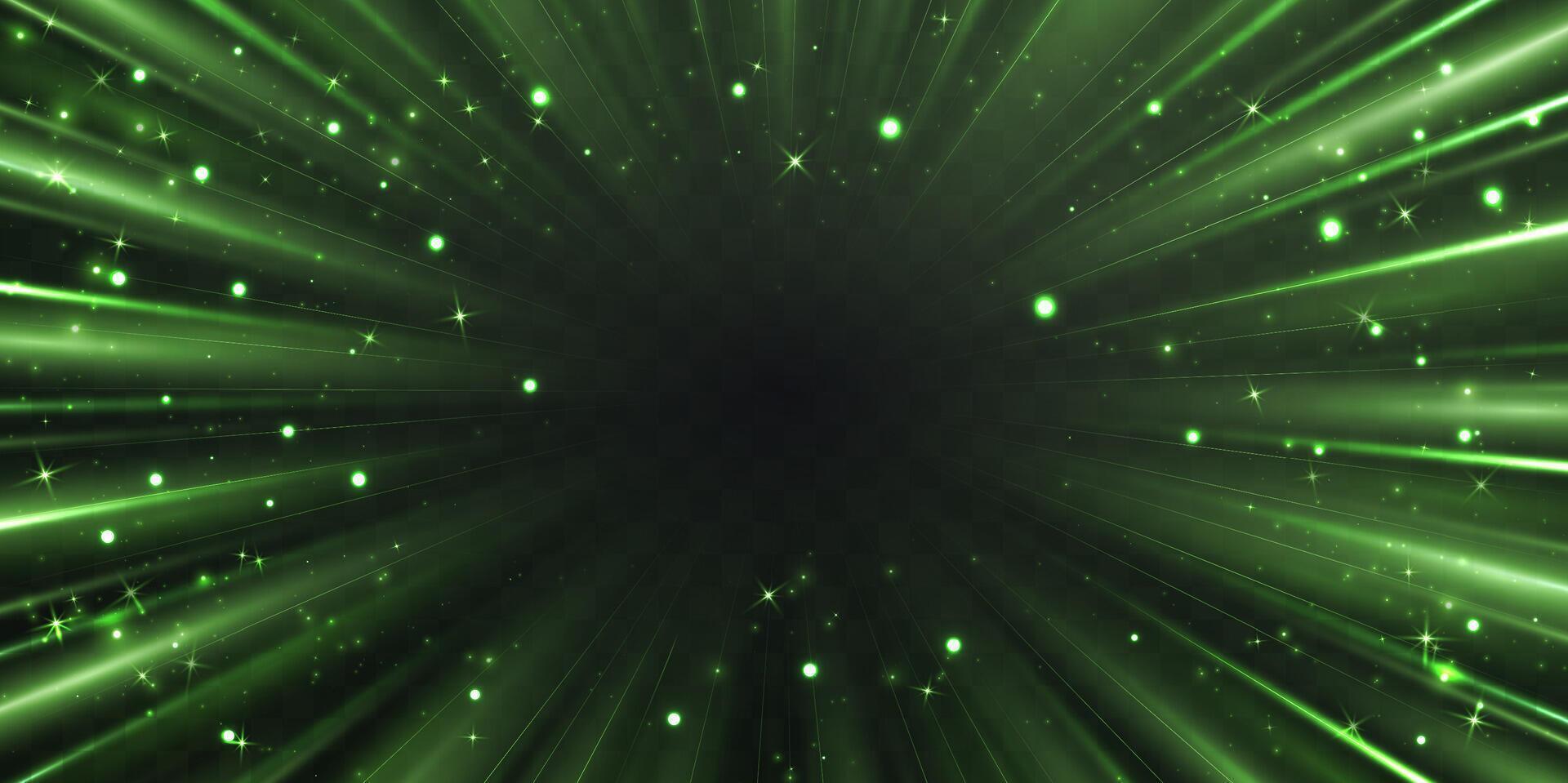 Radial speed rays, light neon flow, zoom in motion effect, green speed lines, colorful light trails, perspective stripes vector