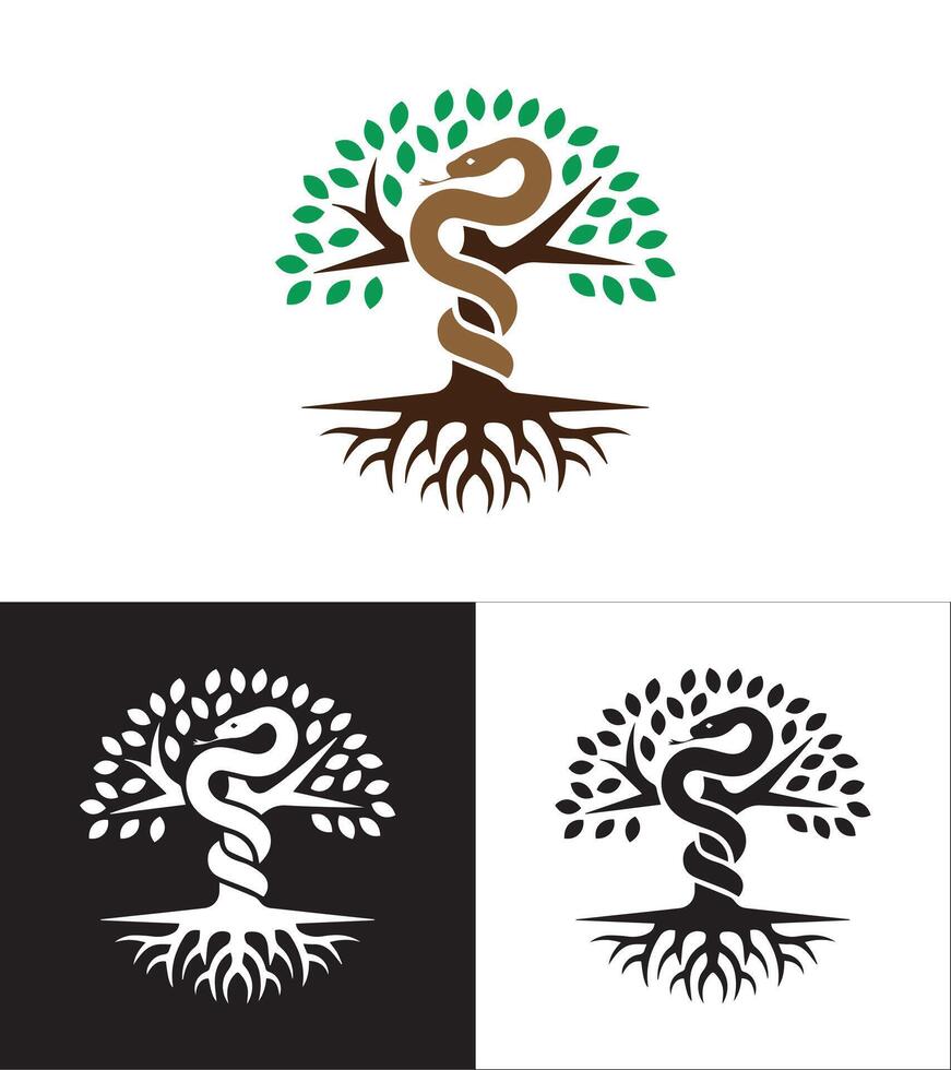Black and White Tree Symbol with Serpent, Roots, and Branches, Representing Global Environmental Sustainability, Set Against a Clean White Background with a Touch of Color vector