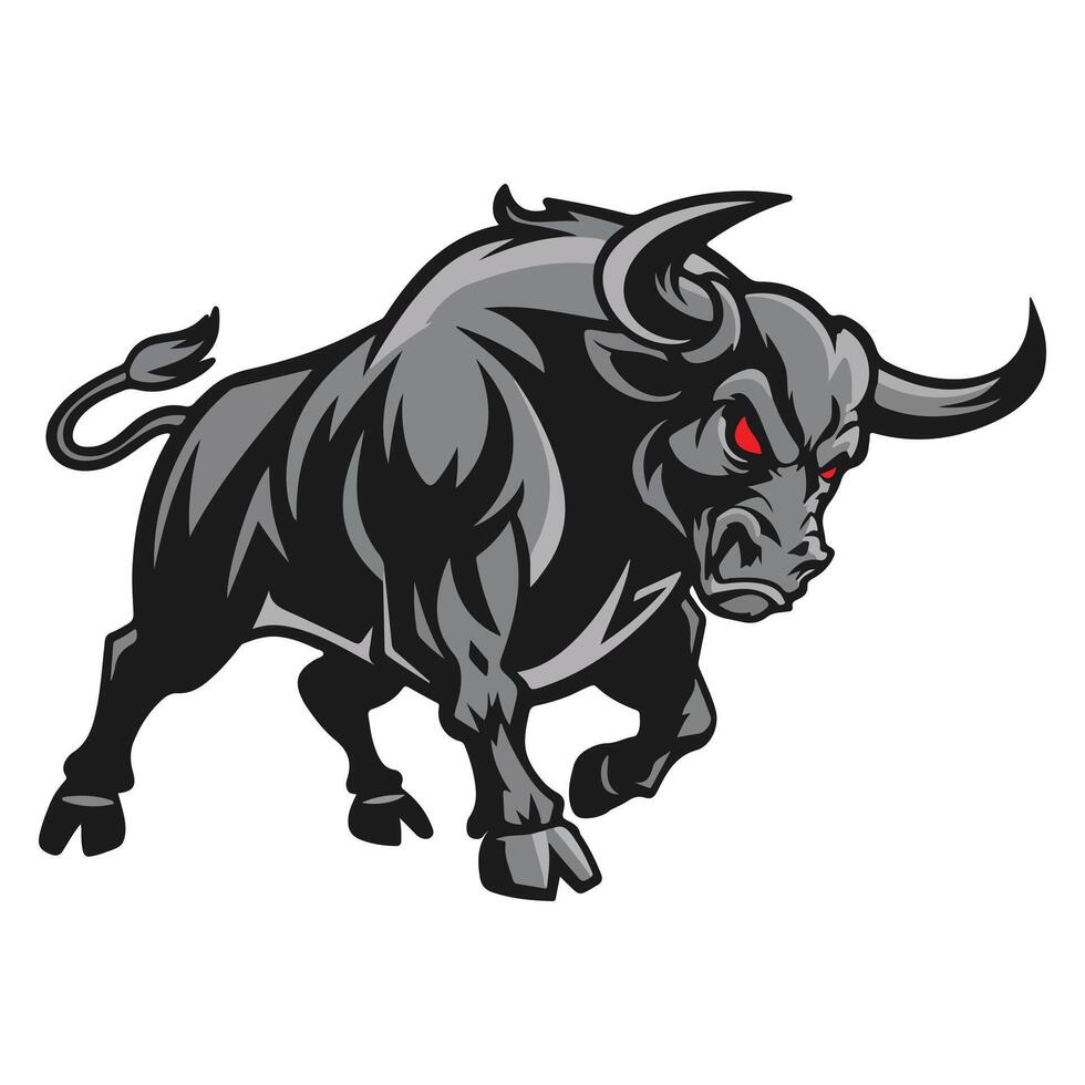 An angry bull silhouette with a powerful stance, emphasizing its muscular build and sharp horns, set on a pristine white background. vector