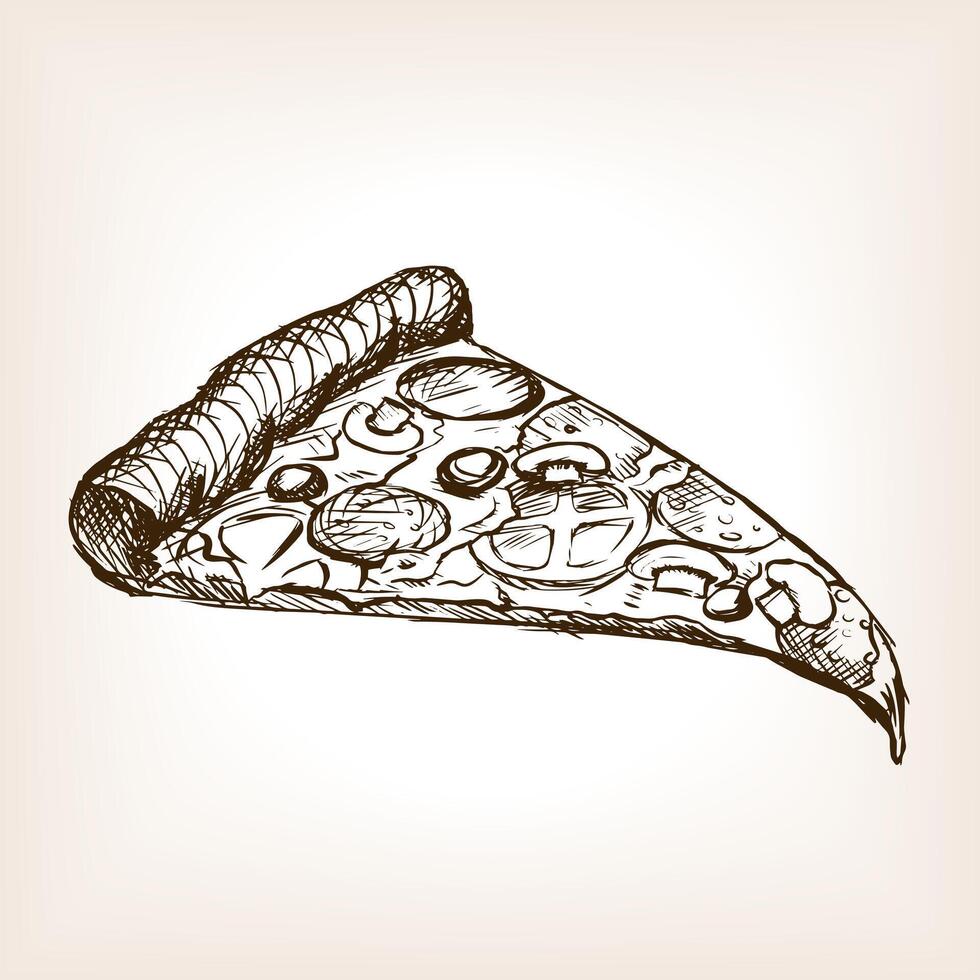 Pizza slice sketch style illustration. Old hand drawn engraving imitation. Loaf of bread illustration vector