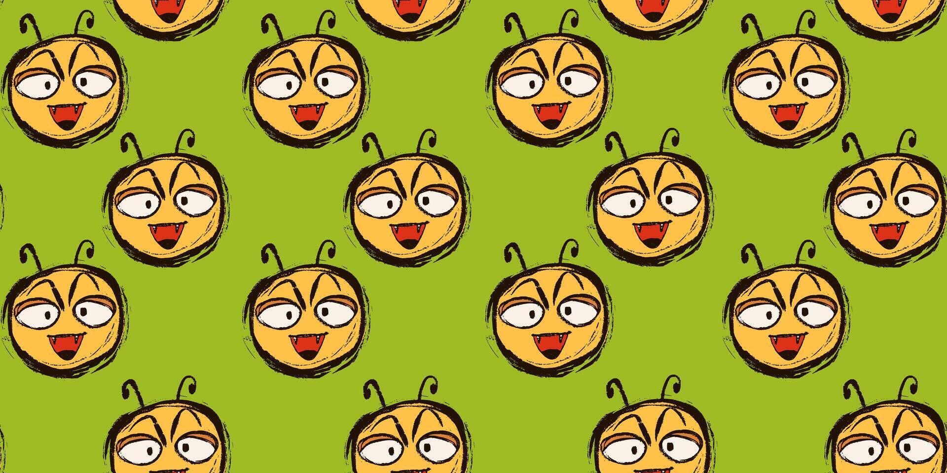 Grunge Comic Smiley Faces Seamless Pattern. Unique doodle sticker head characters. Punk graffiti emoticons in hand drawn sketch style. Perfect emoji for social media vector