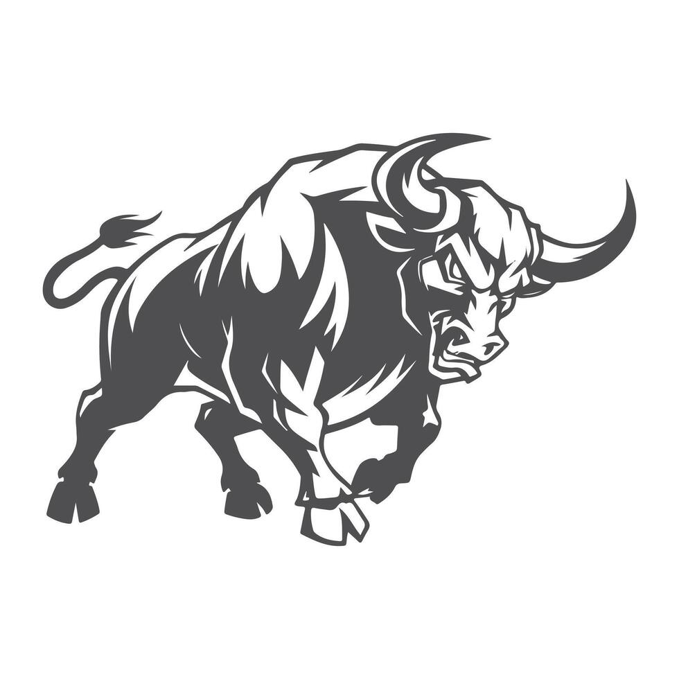 A dynamic bull silhouette caught mid-charge, showcasing intense energy and aggression in bold, clean lines on a crisp white canvas. vector