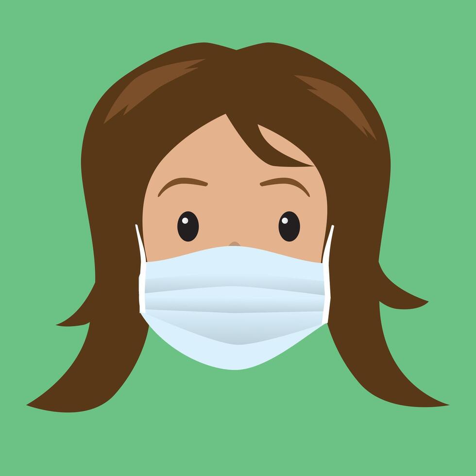 A womans face with a protective face mask. The woman has brown hair. vector