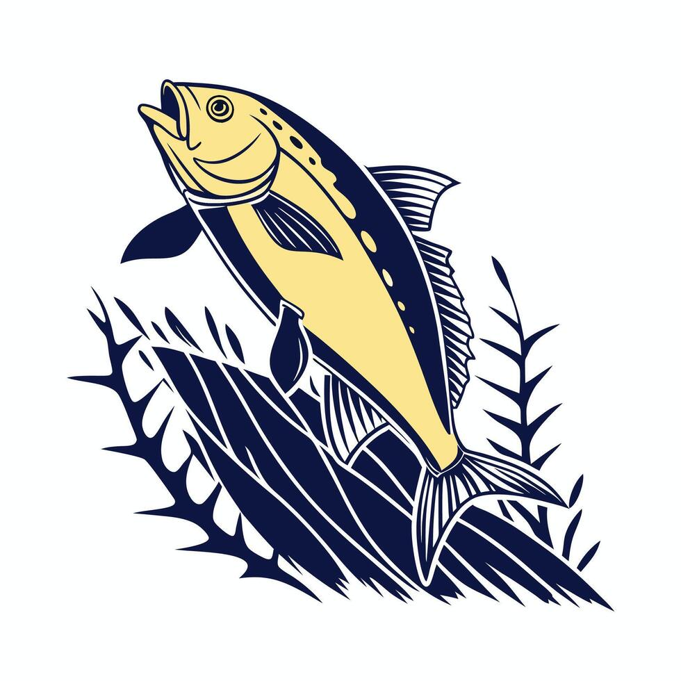 A Yellowtail Snapper fish jumping out of the water with leaves vector