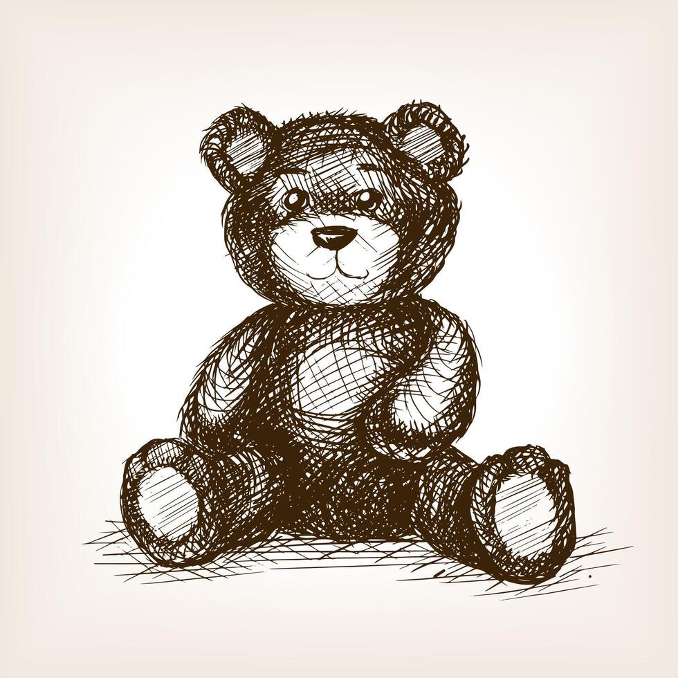 Teddy bear toy sketch style illustration. Old engraving imitation. Hand drawn sketch imitation vector