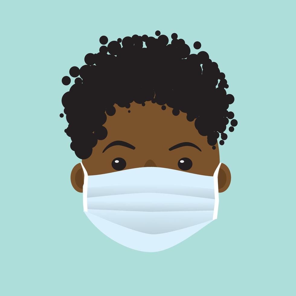 A face with a protective face mask. The person has black hair and dark skin. vector