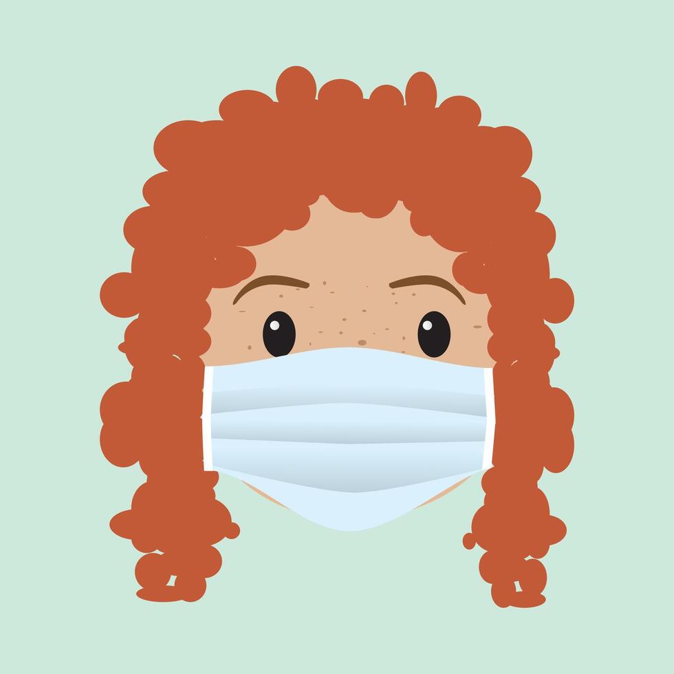 A womans face with a protective facemask. The woman has red hair and freckles vector