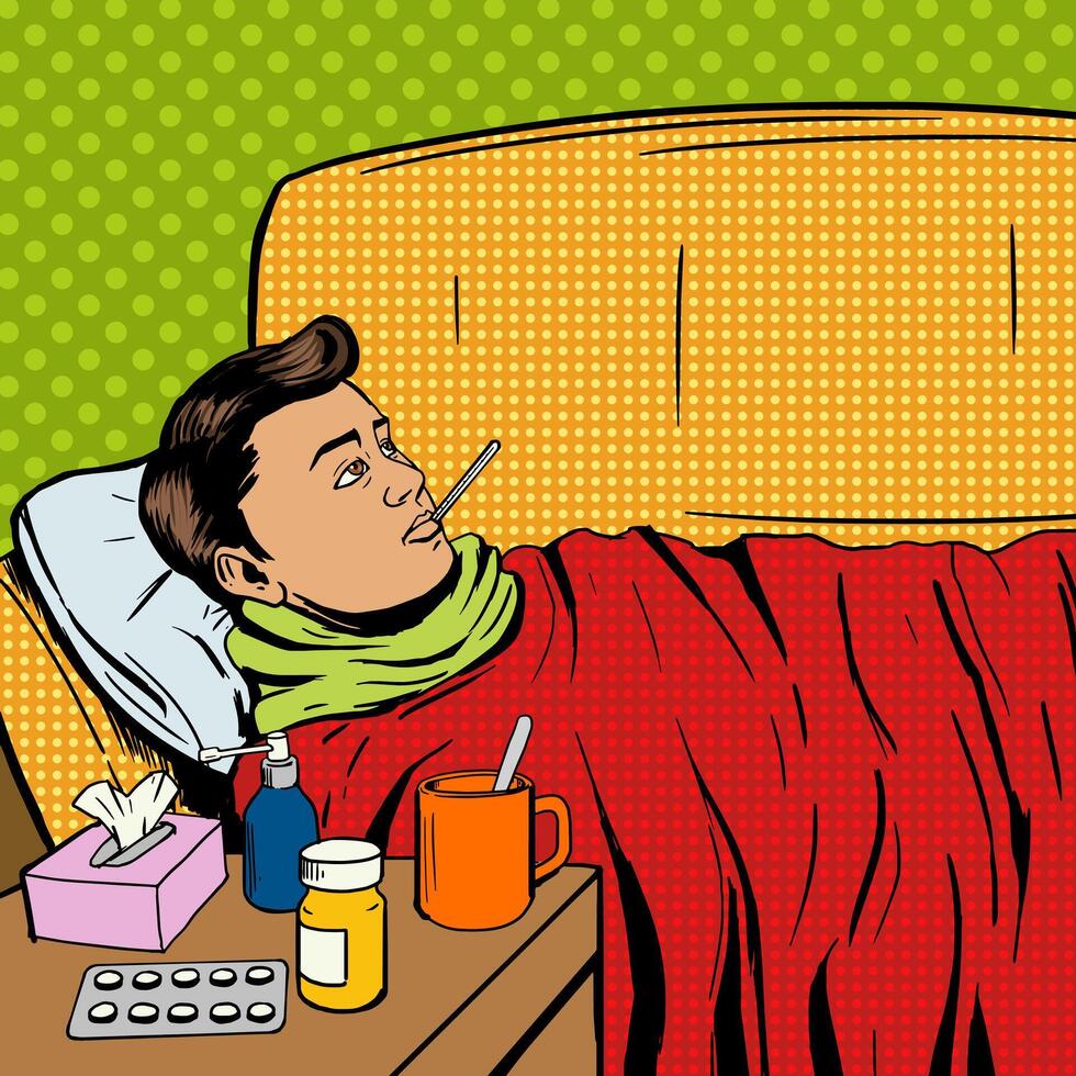 Man suffers cold pop art style illustration. Sick man. Man ill with flu. Comic book style imitation. Vintage retro style. Conceptual illustration vector