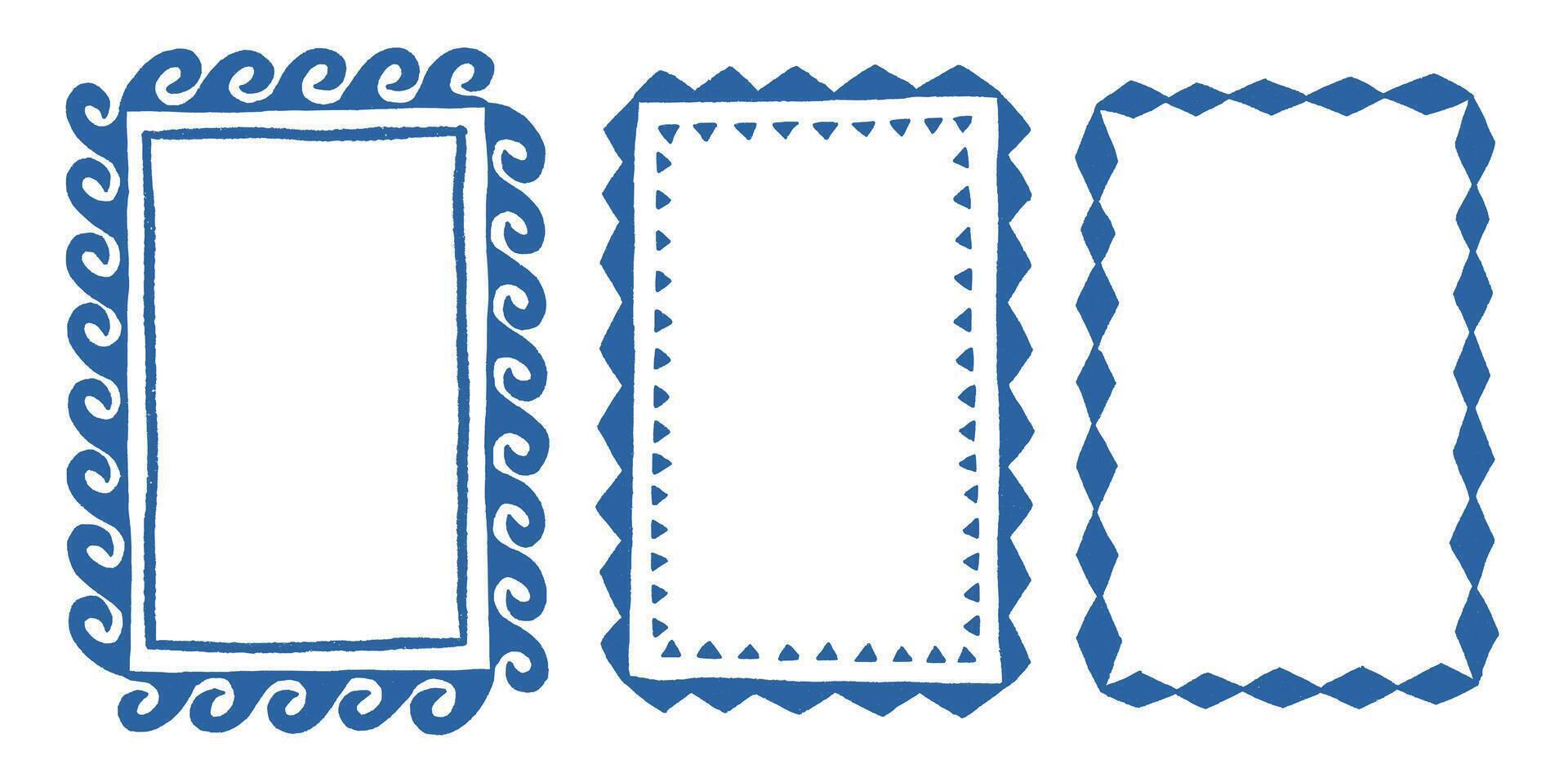 Set of boho drawing maori frame. Nautical blue textured border, Design abstract elements vector