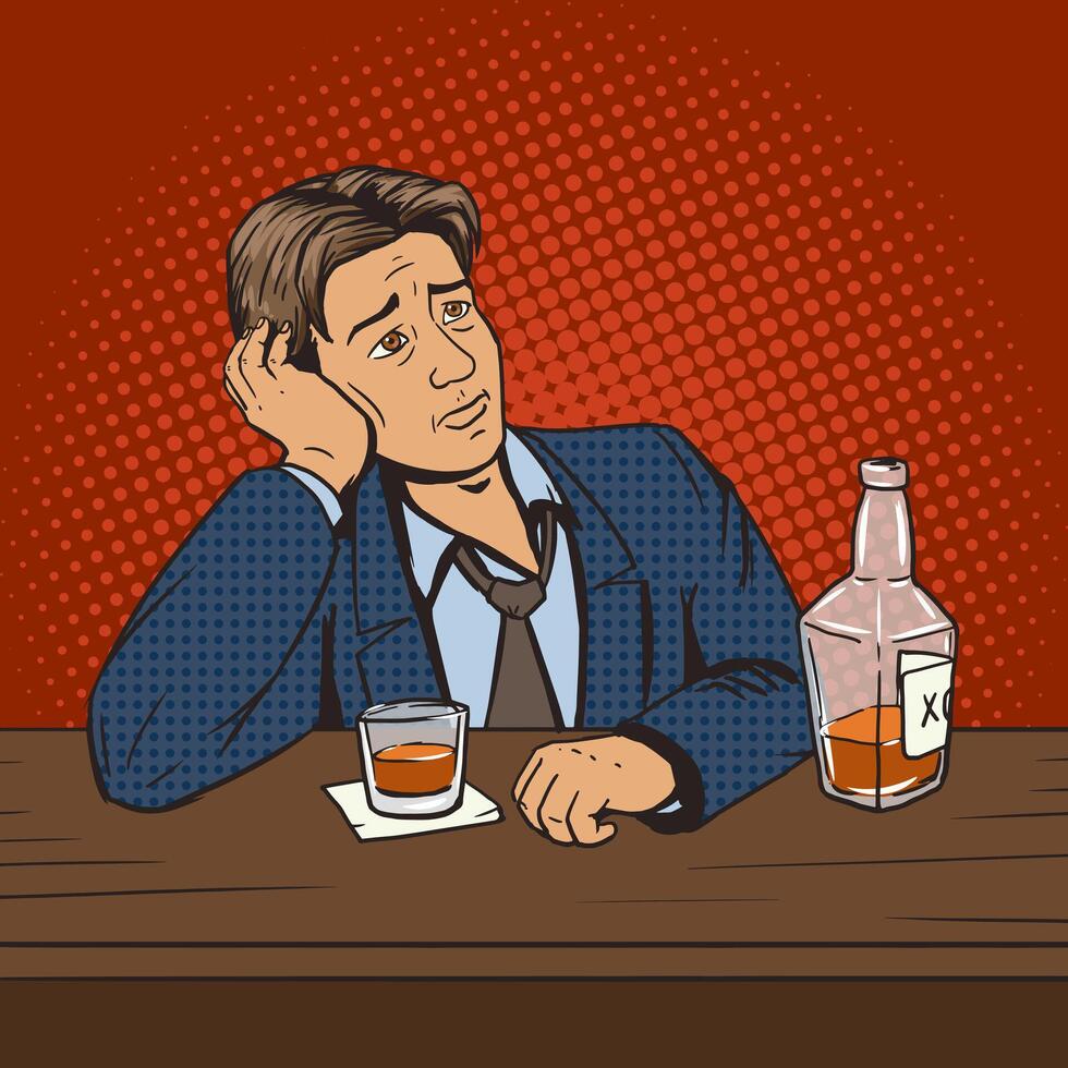 Man with bad mood drinks in bar pop art style illustration. Comic book style imitation. Vintage retro style. Conceptual illustration vector