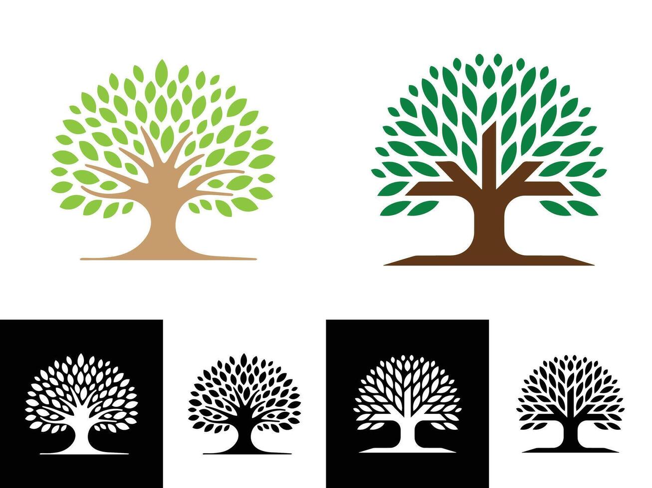 Set of Colorful and Black and White Tree Icons Iconic Tree Symbols, Nature Silhouettes, Eco-Friendly Designs Representing Global Environmental Sustainability and Natural Balance vector