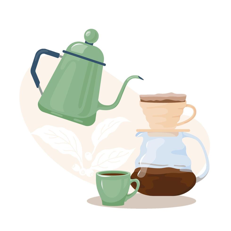 Pour-over and drip kettle with long narrow spout for rich aromatic espresso Drip coffee brewing with vacuum coffee maker and teapot Flat illustration of pour over for website, banner, cafe menu vector