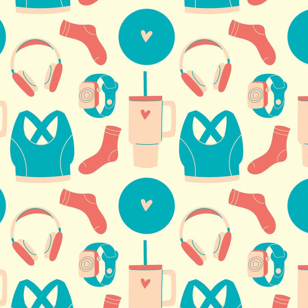 Fitness equipment seamless pattern. Sport tools and active wear repeated design. Healthy lifestyle concept. vector