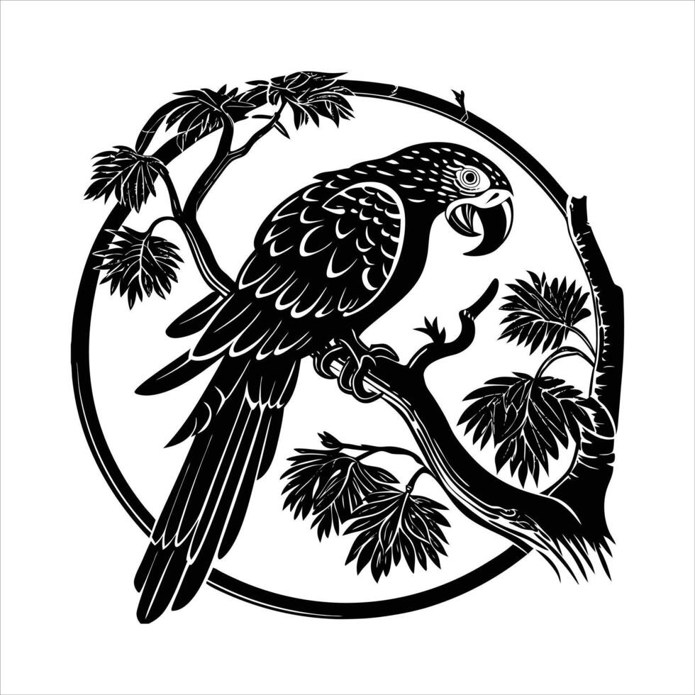 A parrot perched facing straight ahead with tail hanging down silhouette black . vector
