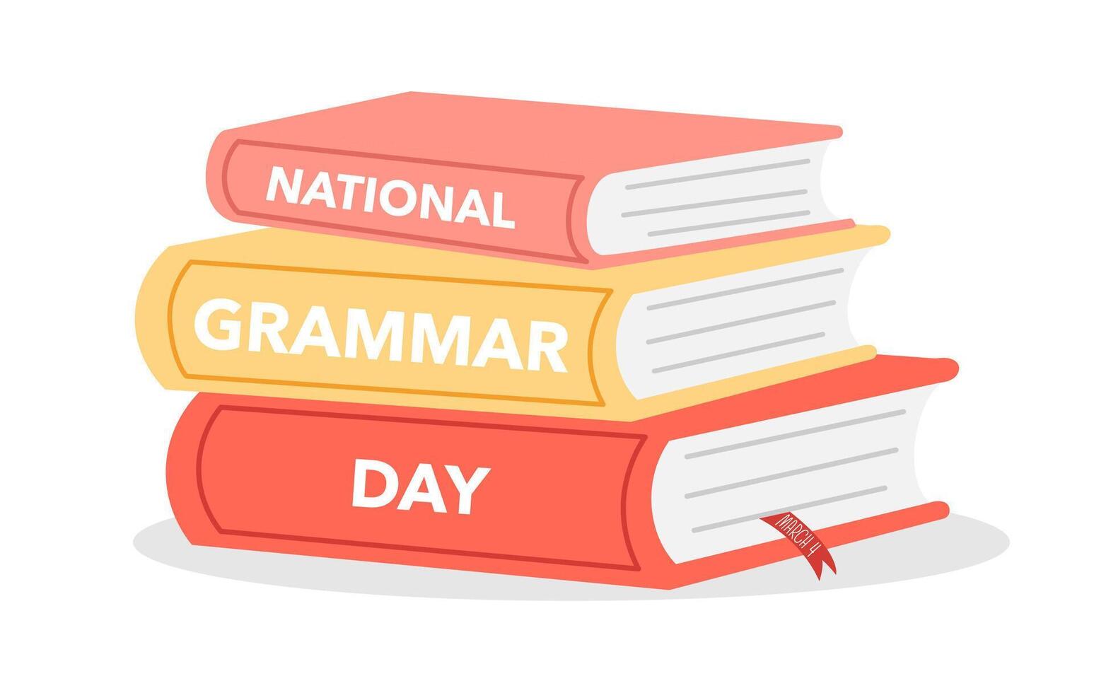 National grammar day banner with stack of books. March 4. Flat design poster vector