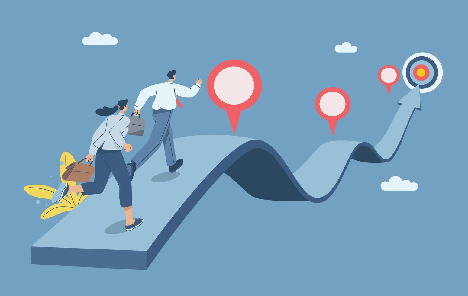 Business team running on project timeline, Project planning to develop the timeline of business progress, Roadmap, Work duration review, Key route map with action plans. design illustration. vector
